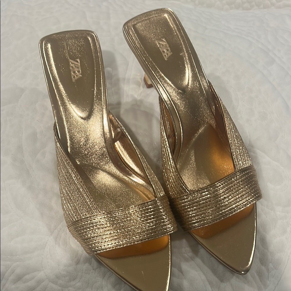 Zara Gold Heels with Rhinestone Embellishments brand new